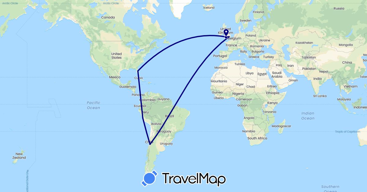 TravelMap itinerary: driving in Chile, United Kingdom, Peru, United States (Europe, North America, South America)